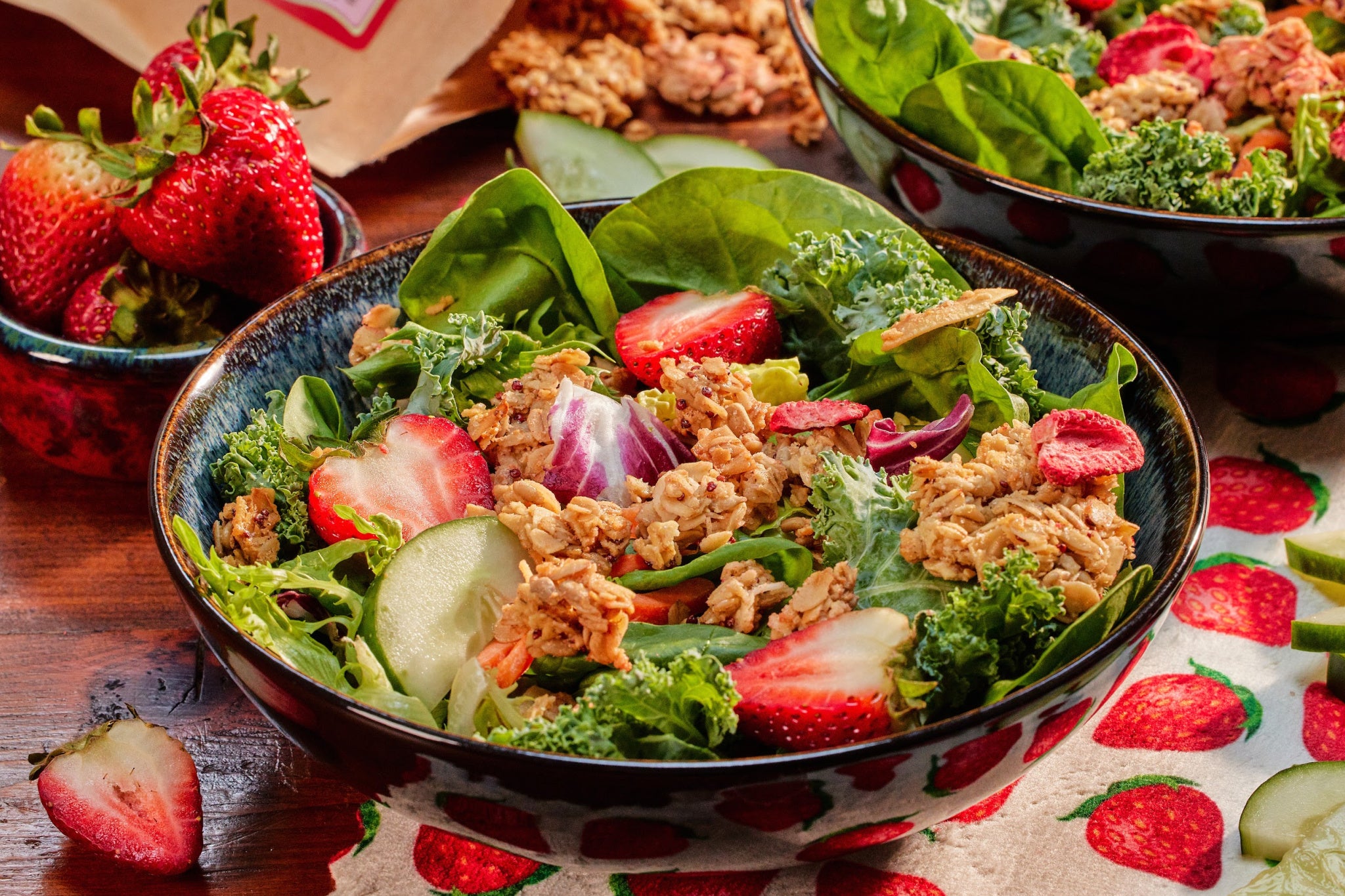 Spinach salad with strawberries and Michele's Granola - vegan, gluten-free