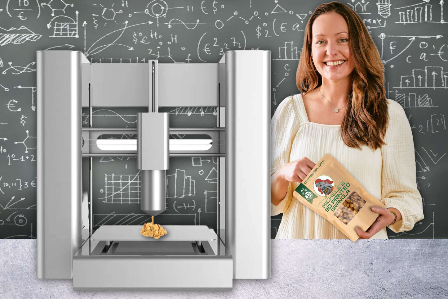 Michele's Granola - Michele standing behind 3D printer