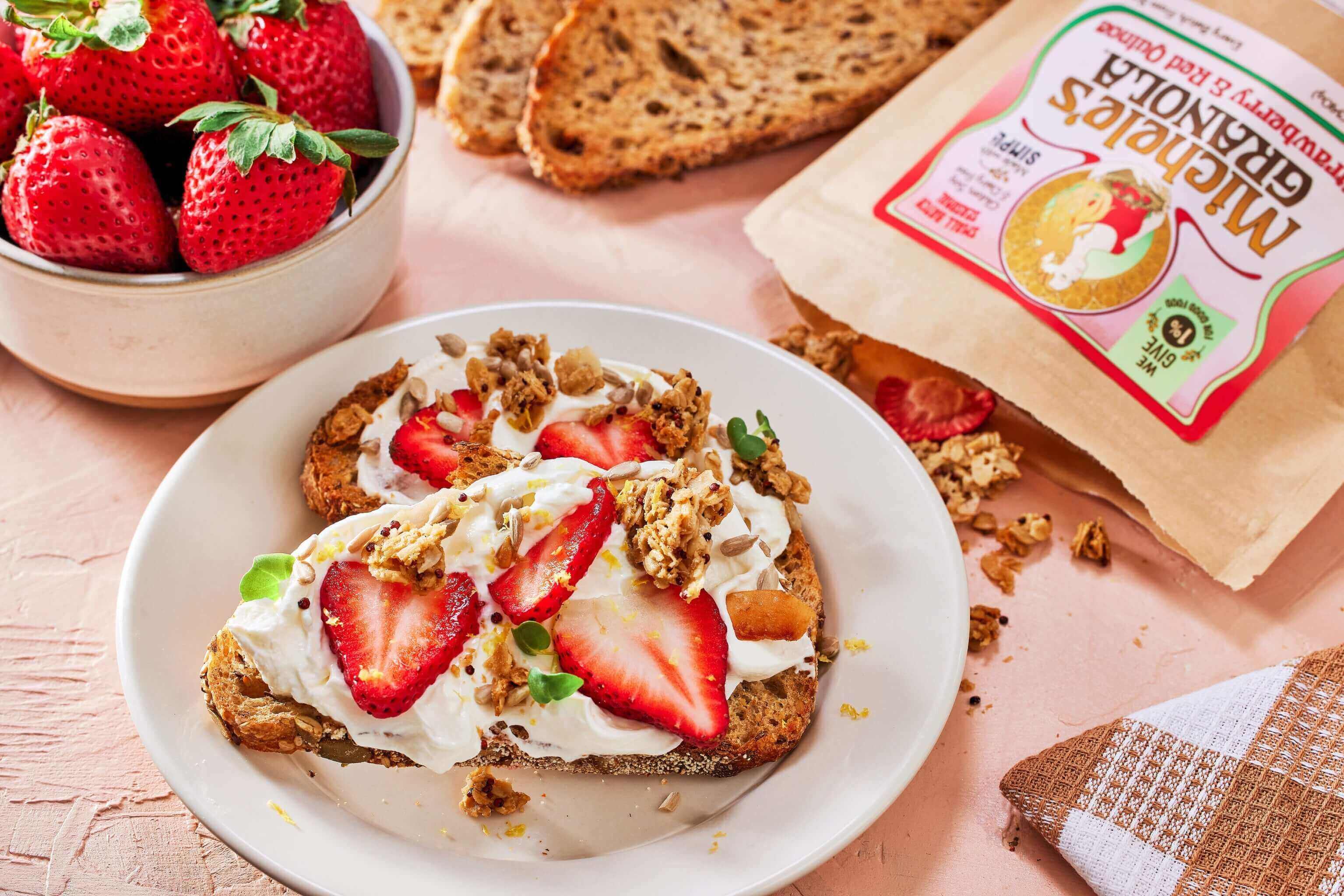 Protein-packed Yogurt + Granola Toast with vegan, gluten-free Michele's Strawberry & Red Quinoa Granola