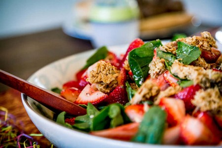 Spinach salad with strawberries and Michele's Granola - vegan, gluten-free