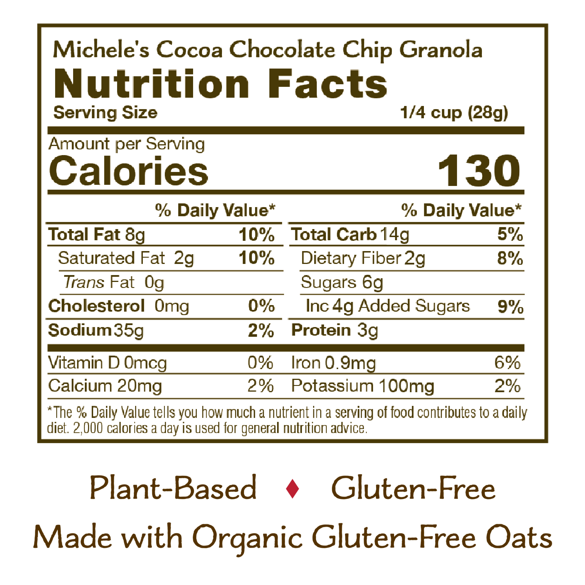 Nutrition panel for Cocoa Chocolate Chip Granola