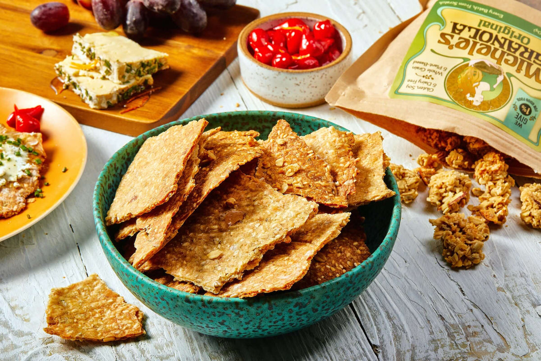 Rosemary Sesame Granola Flatbread Crackers featuring Michele's Original Granola with almonds and sunflower seeds