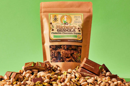 Standup pouch of Michele's Granola - Limited Edition Pistachio Chocolate Royale - vegan, gluten-free, non-GMO