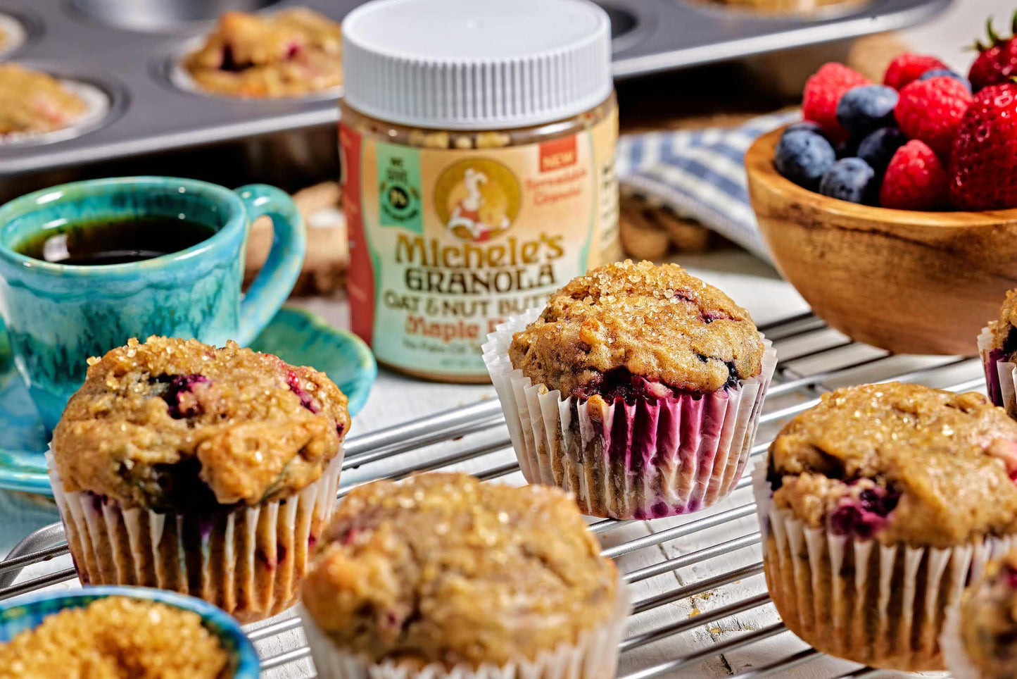 Recipe - Granola Butter Berry Breakfast Muffins made with with Michele's Granola Maple Pecan Oat & Nut Butter - vegan options