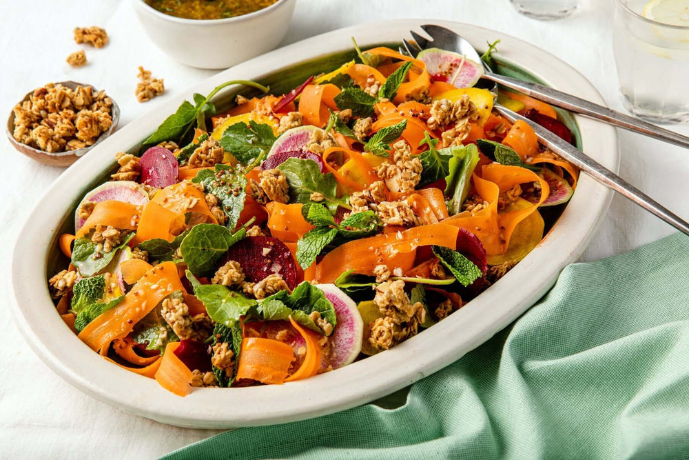 Shaved Carrot, Beet & Radish Salad with Granola “Croutons”