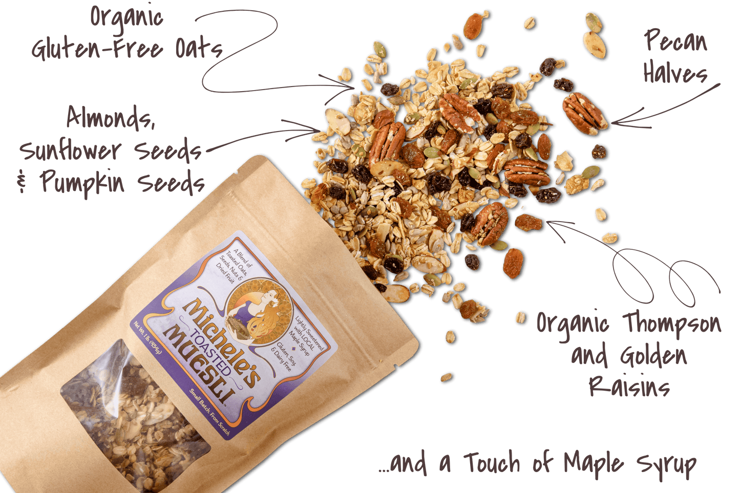 Organic and natural ingredients in Michele's Toasted Muesli