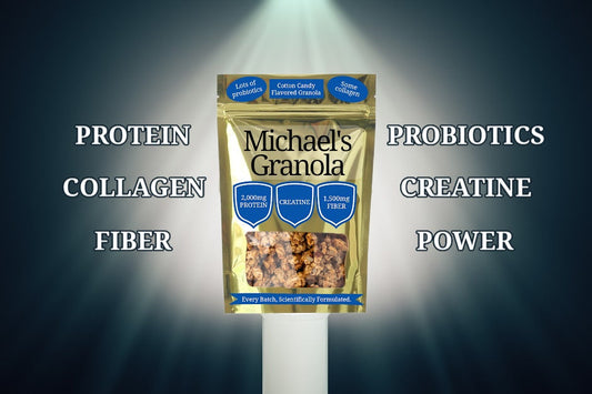 Parody “Michael’s Granola” packaging created by Michele’s Granola, showing exaggerated claims like protein, creatine, collagen, and probiotics to illustrate functionwashing