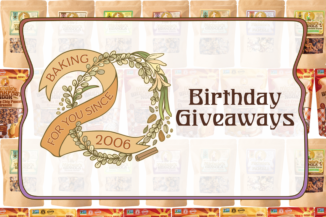 Michele's Granola Bag Varieties with 20 years of Michele's Granola Birthday Giveaways Text