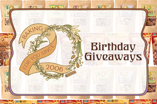 Michele's Granola Bag Varieties with 20 years of Michele's Granola Birthday Giveaways Text