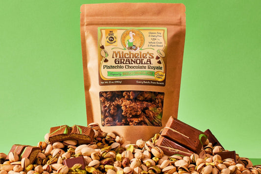 Standup pouch of Michele's Granola - Limited Edition Pistachio Chocolate Royale - vegan, gluten-free, non-GMO