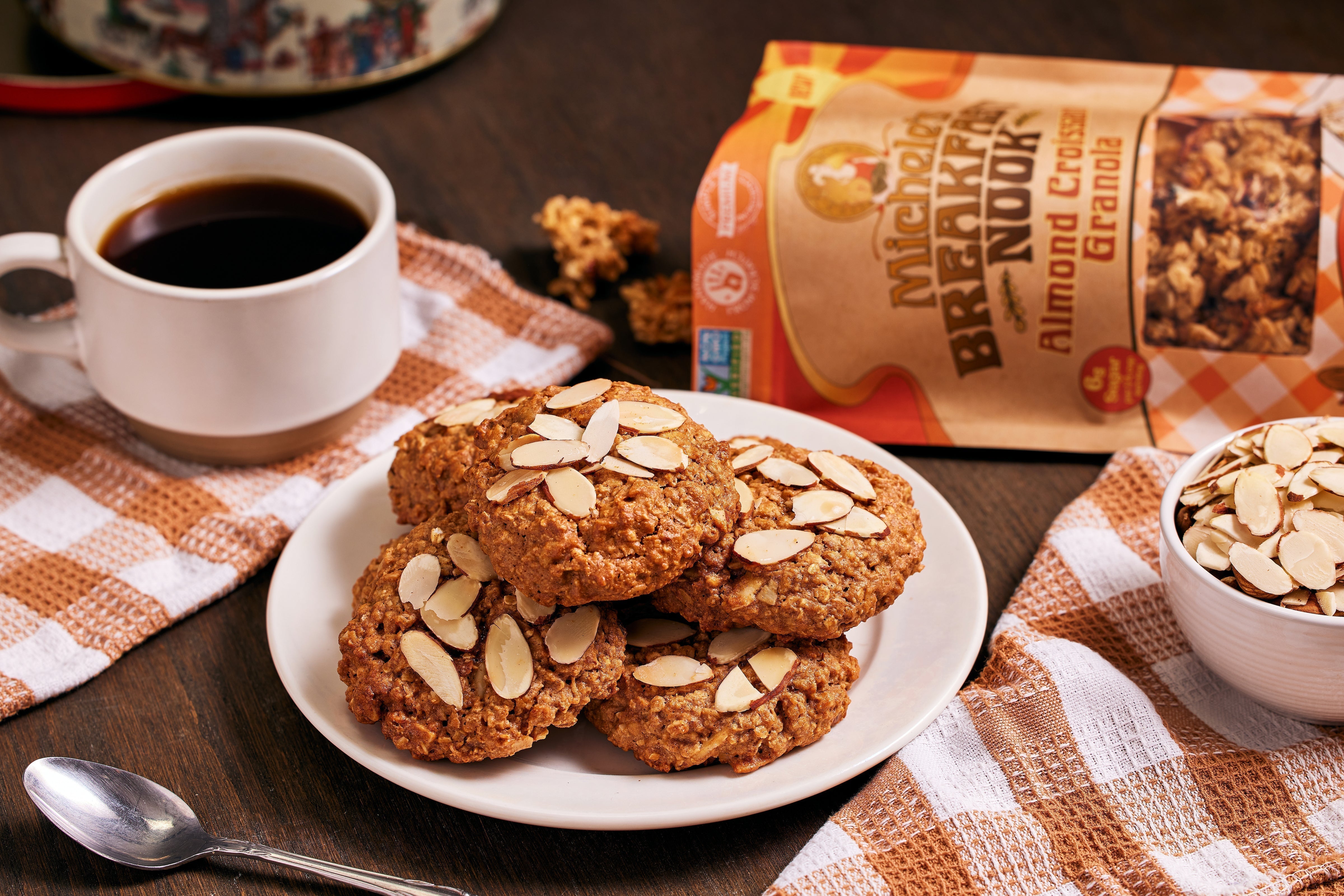 A plate of Almond Croissant Granola Breakfast Cookies, ready to enjoy with coffee for a healthy breakfast.