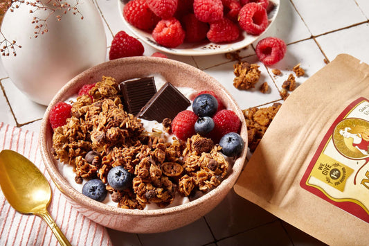 Bowl of chunky Michele's Cocoa Chocolate Chip Granola
