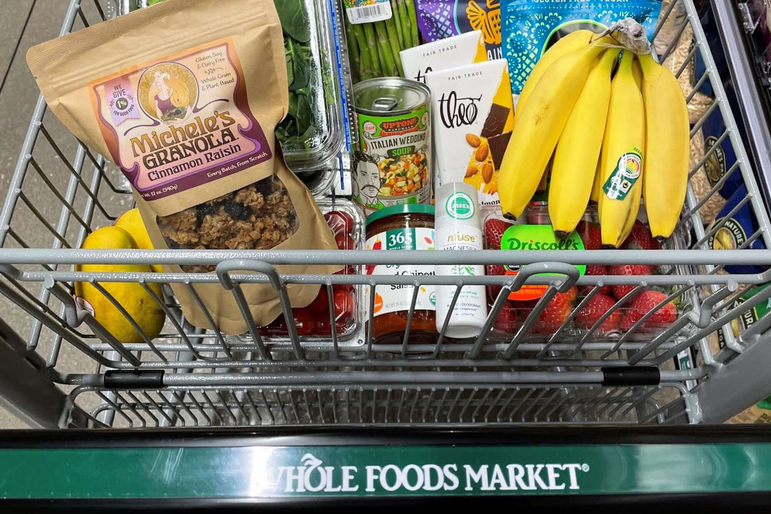 Shopping cart at Whole Foods Market with Michele's Cinnamon Raisin Granola