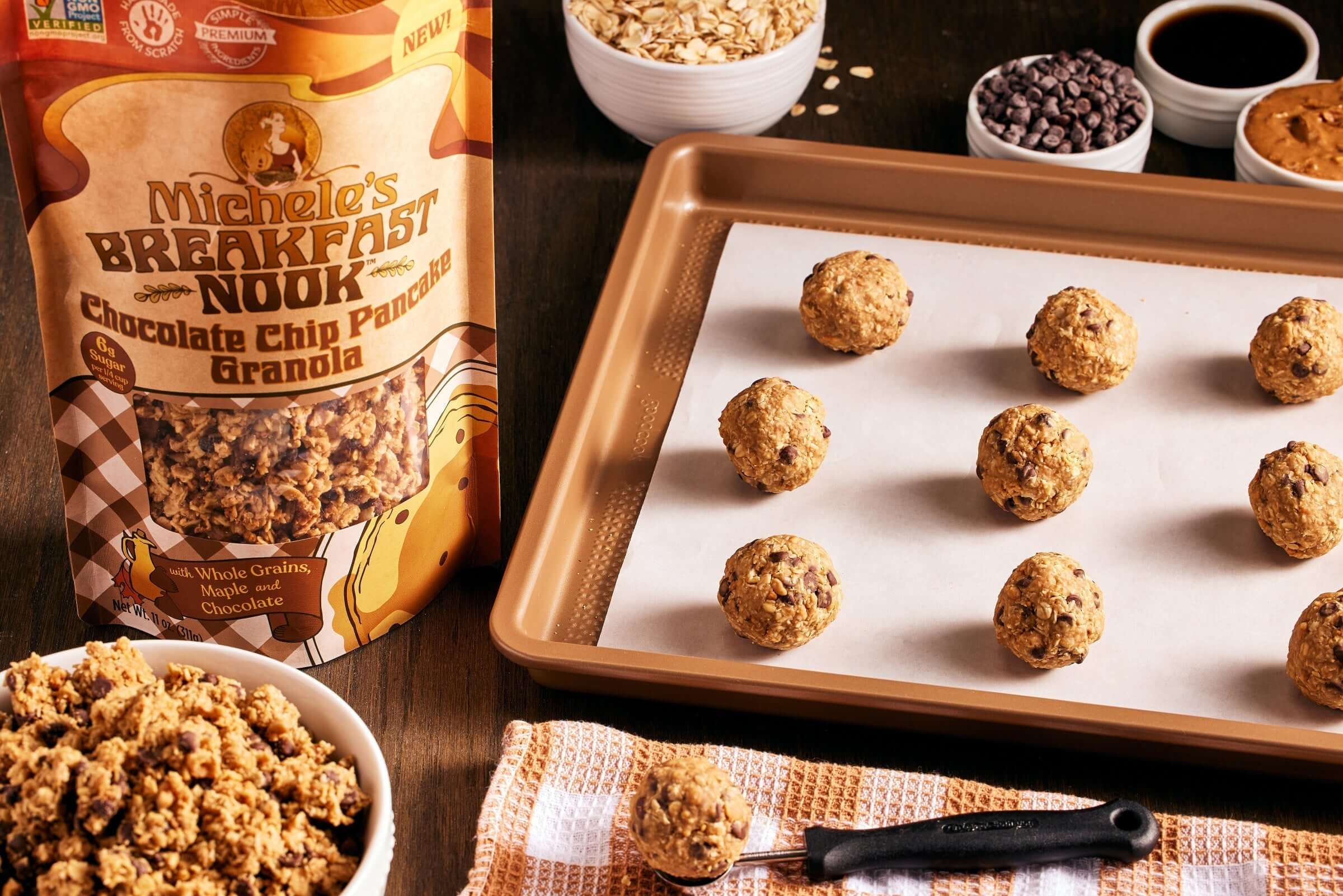 Recipe for Chocolate Chip Pancake Granola Energy Bites featuring Michele's Breakfast Nook