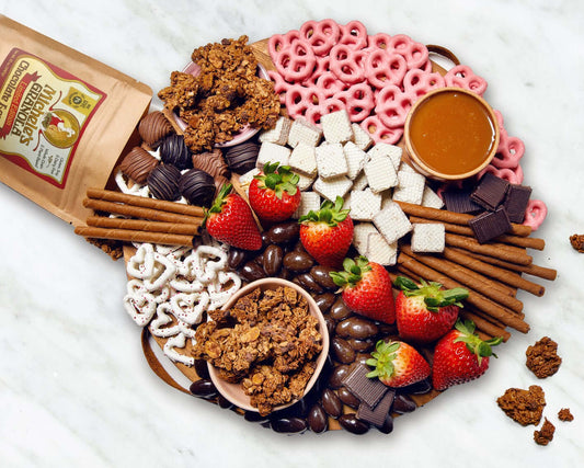 Michele's Chocolate Lovers' Granola on a chocolate grazing board