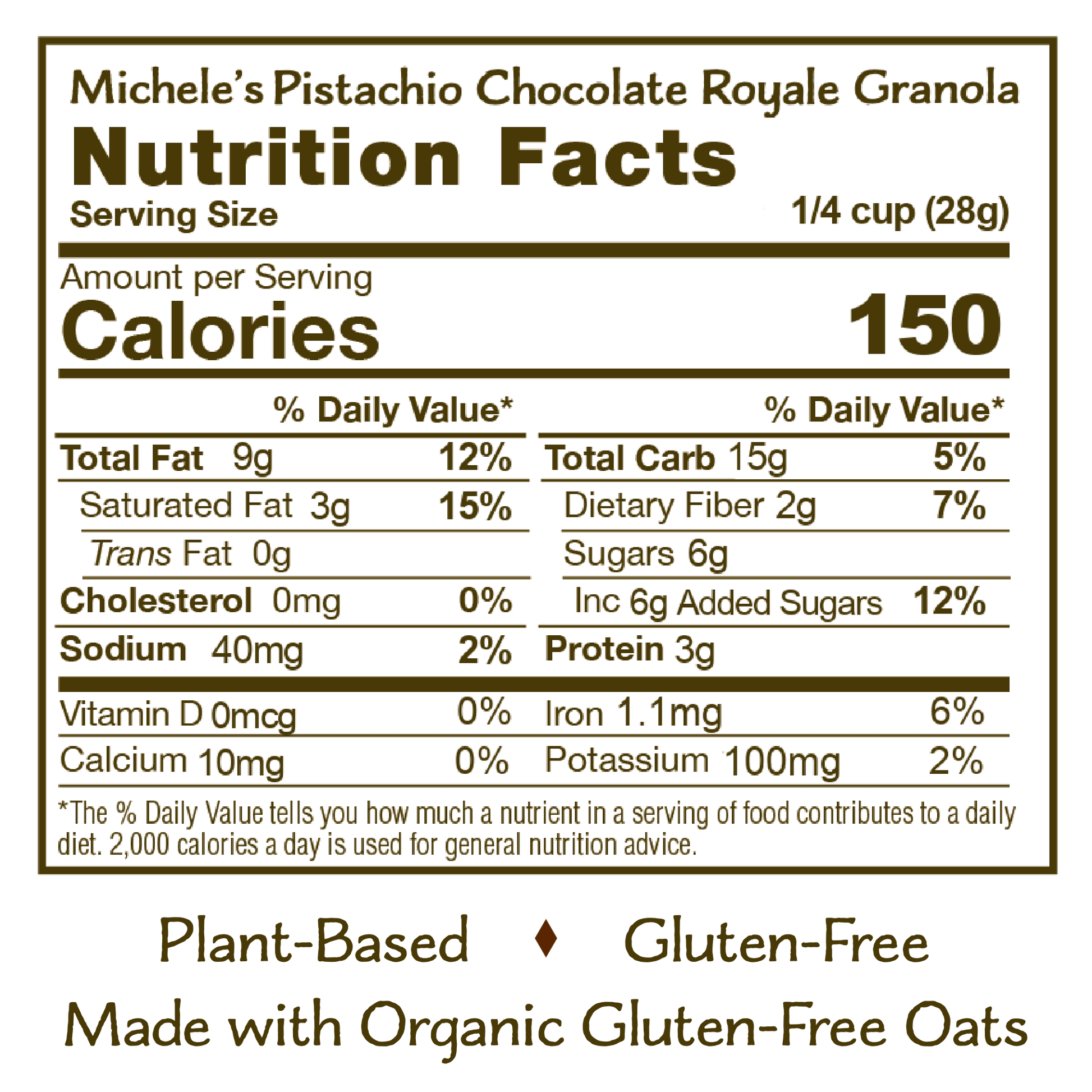 Nutrition panel for Pistachio Chocolate Royale Granola
