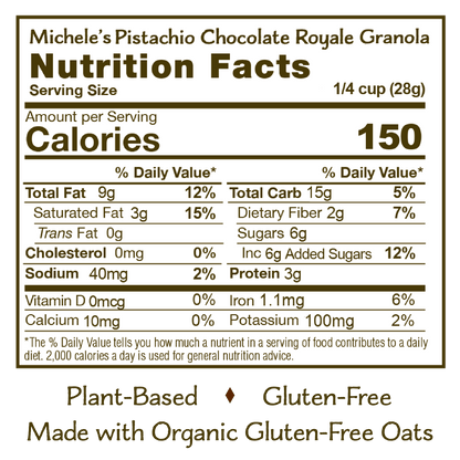Nutrition panel for Pistachio Chocolate Royale Granola