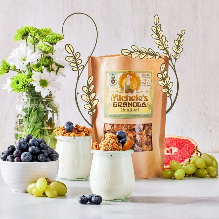 Michele's Original Granola served as part of a sunny breakfast with yogurt and fruit. Vegan, gluten-free, handmade in the USA