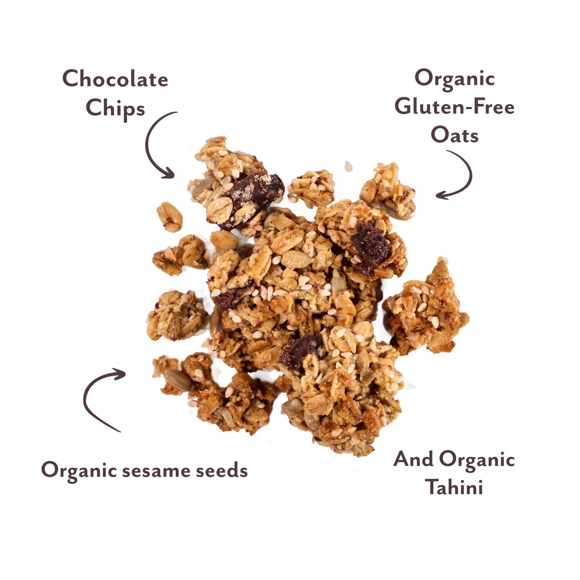 Granola with labeled ingredients on a white background
