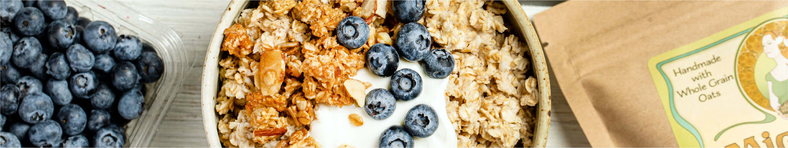 Bowl of granola with blueberries.
