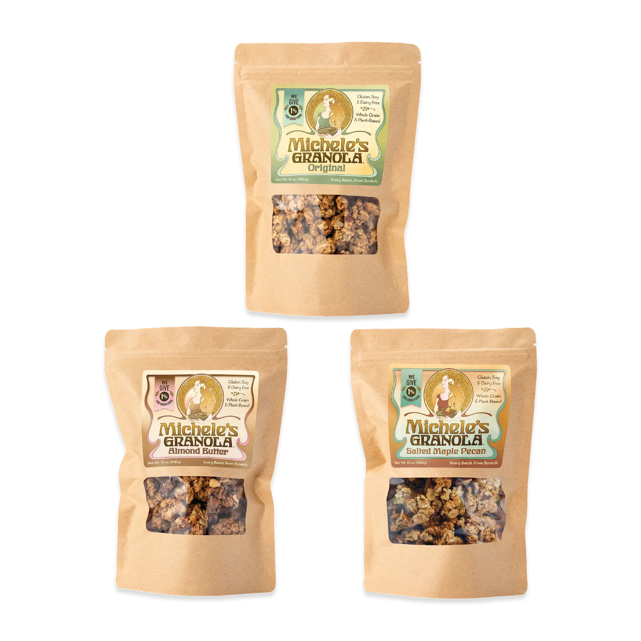 Michele's Essentials Collection, featuring best-selling Original, Almond Butter and Salted Maple Pecan Granola. All vegan, gluten-free and made with organic and natural ingredients.