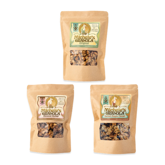 Michele's Essentials Collection, featuring best-selling Original, Almond Butter and Salted Maple Pecan Granola. All vegan, gluten-free and made with organic and natural ingredients.