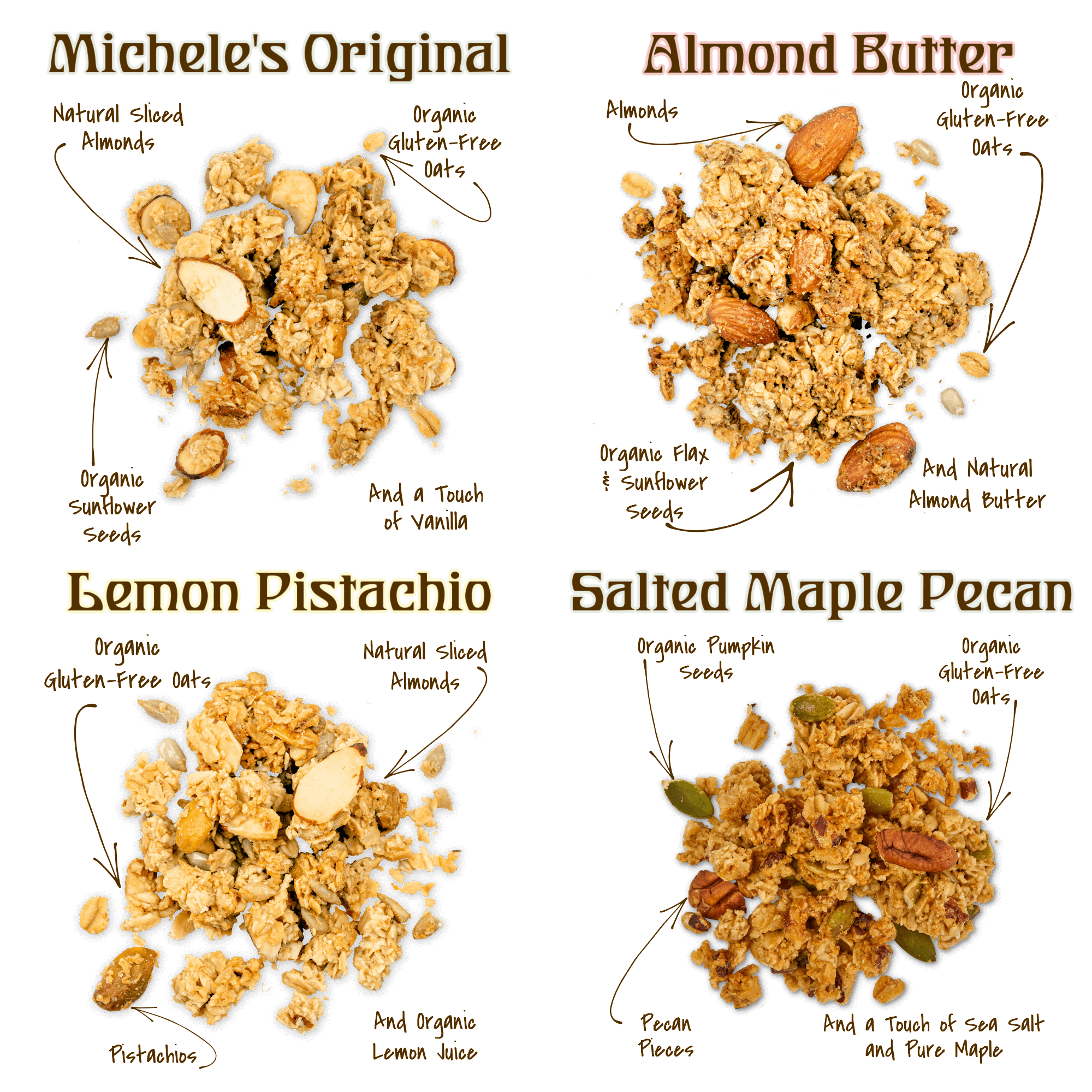 Clusters from the Granola Mini Sampler Variety 4-pack - Original, Almond Butter, Lemon Pistachio and Salted Maple Pecan