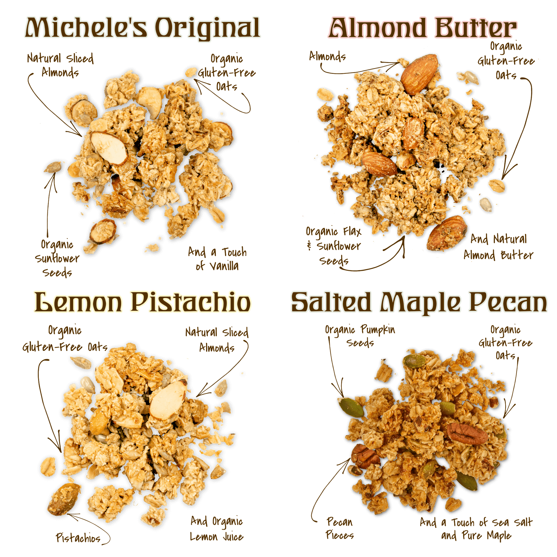 Clusters from the Granola Mini Sampler Variety 4-pack - Original, Almond Butter, Lemon Pistachio and Salted Maple Pecan