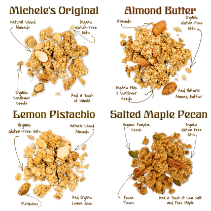 Clusters from the Granola Mini Sampler Variety 4-pack - Original, Almond Butter, Lemon Pistachio and Salted Maple Pecan