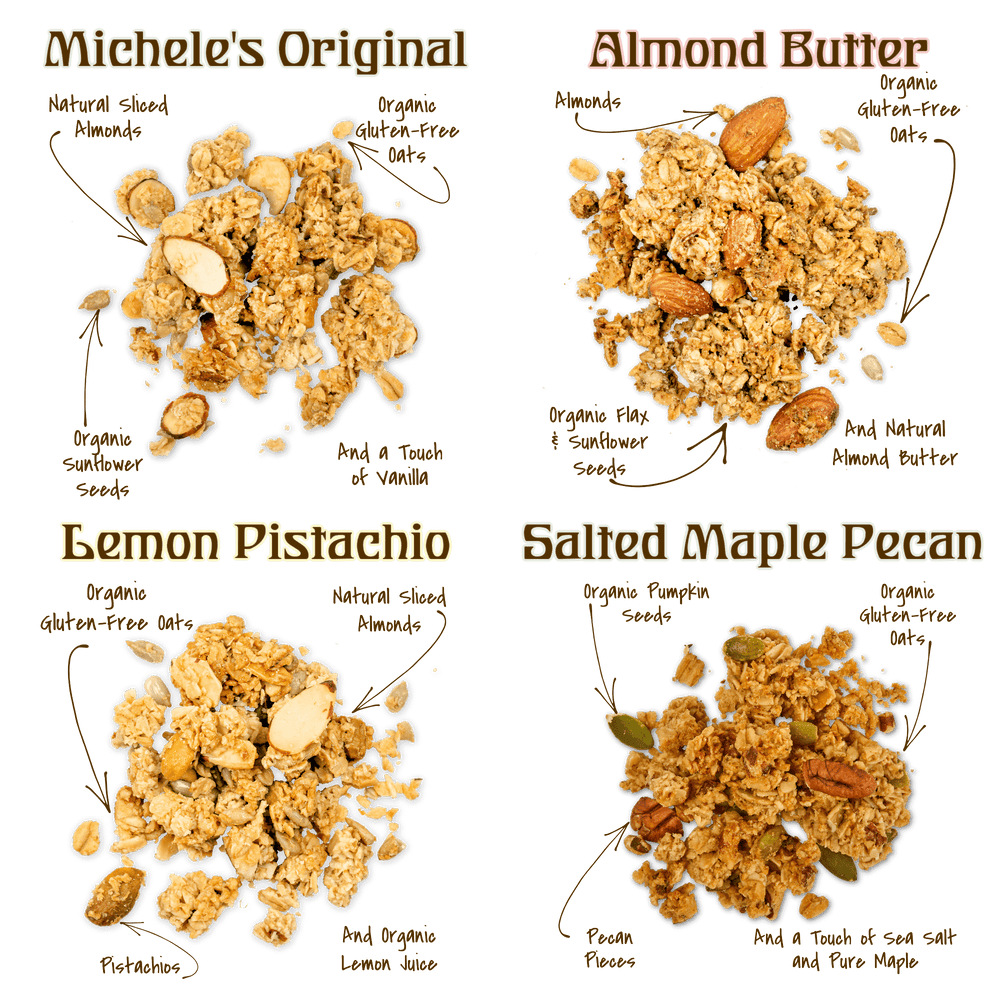 
                  
                    Clusters from the Granola Mini Sampler Variety 4-pack - Original, Almond Butter, Lemon Pistachio and Salted Maple Pecan
                  
                