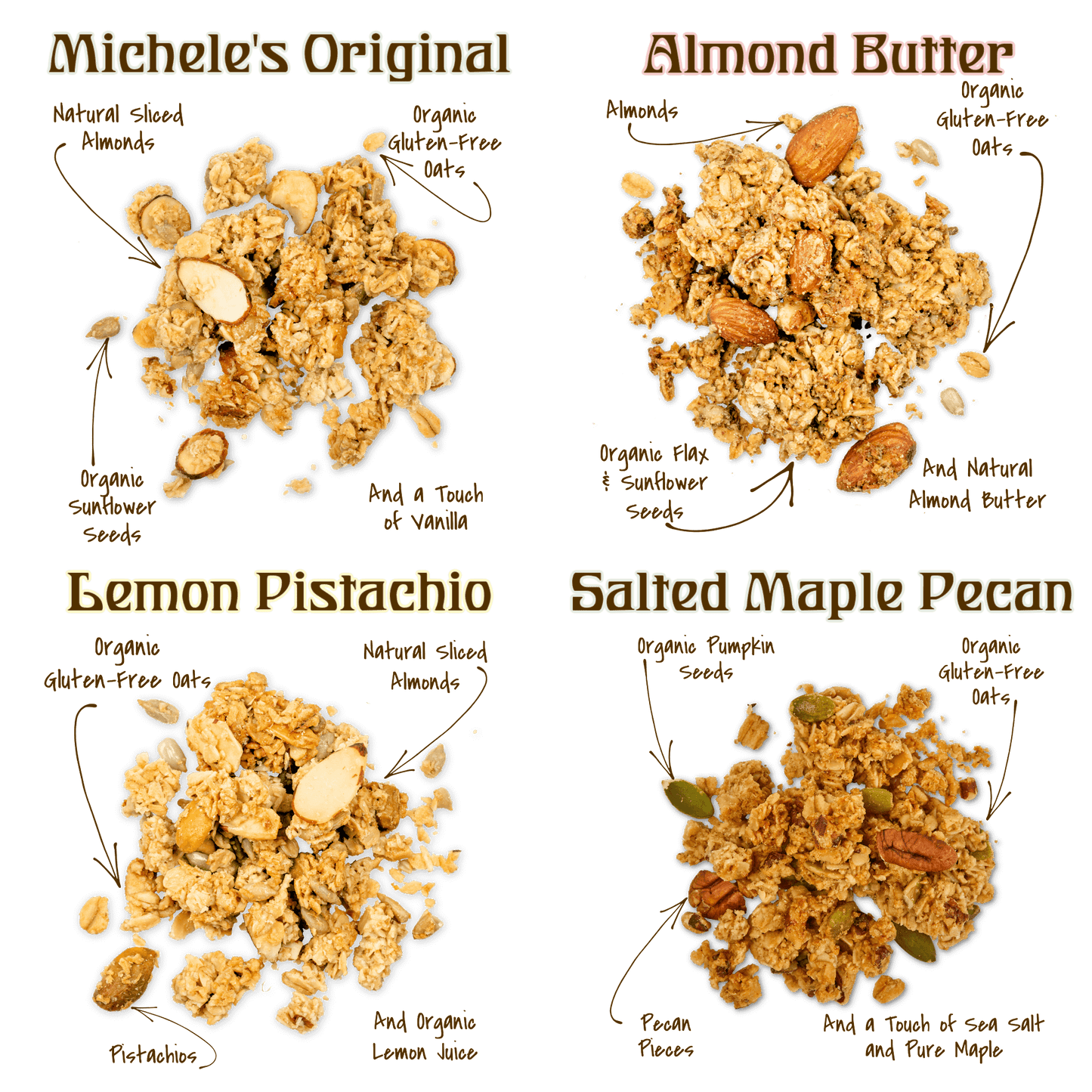 
                  
                    Clusters from the Granola Mini Sampler Variety 4-pack - Original, Almond Butter, Lemon Pistachio and Salted Maple Pecan
                  
                